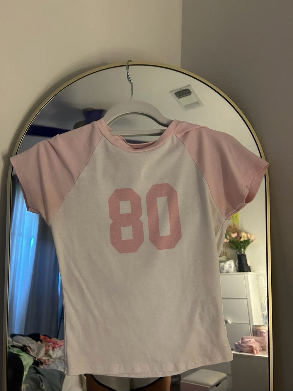 Edikted White Tee with Pink Raglan Sleeves and '80' Graphic